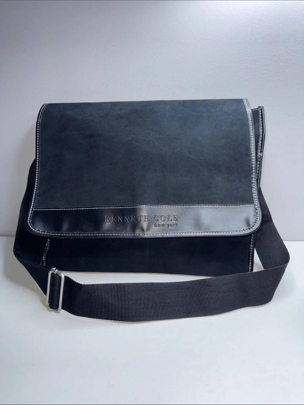 Kenneth Cole New York Black Faux Suede Messenger Laptop Bag